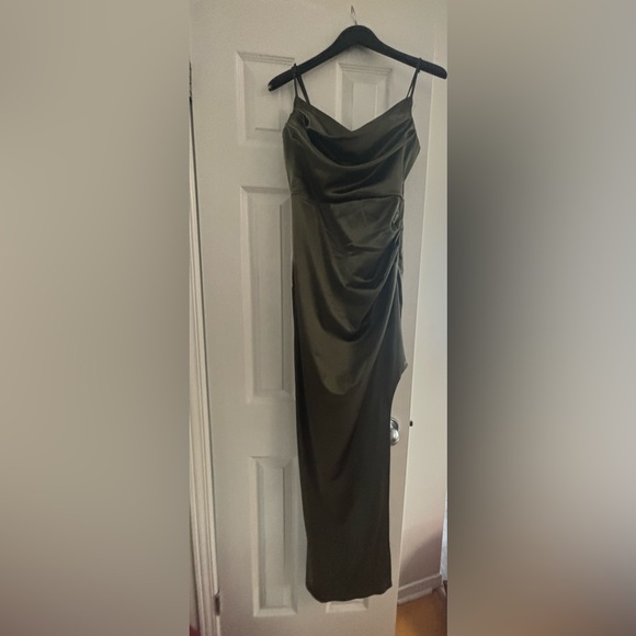 Long satin dress (olive/brown) adjustable spag. straps. Wore once to a wedding - Picture 1 of 2